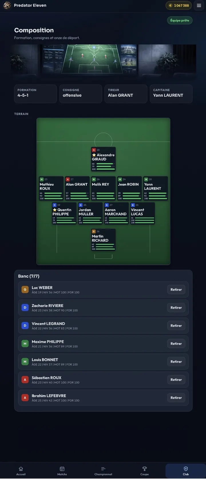 Écran Composition : formation, consignes, capitaine et onze de départ