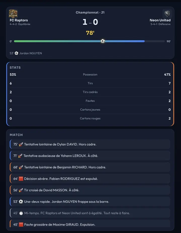 Écran MatchLive : score, stats et journal d’événements de la simulation